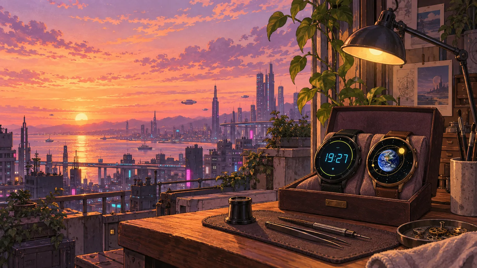 Two illustrated watches in a cozy anime workshop above a sunset city